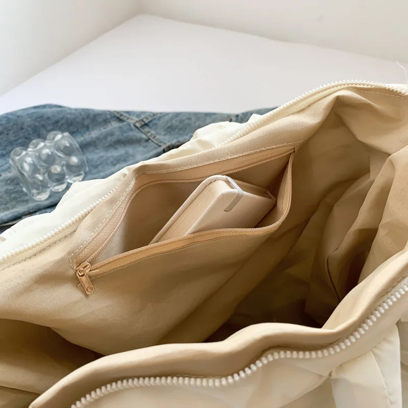 Fashion Down Women's Large Capacity Tote Bag  Nylon Designer Zipper Handbag for Outdoor Square Grid Handbag Shoulder Bag