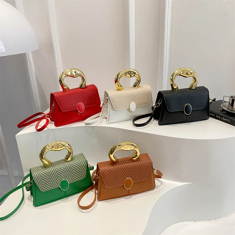 Woman Crossbody Bags with Chain PU Single Shoulder Bags Woven Ladies Square Leather Bucket Shoulder Strap Handbag Crossbody Bag