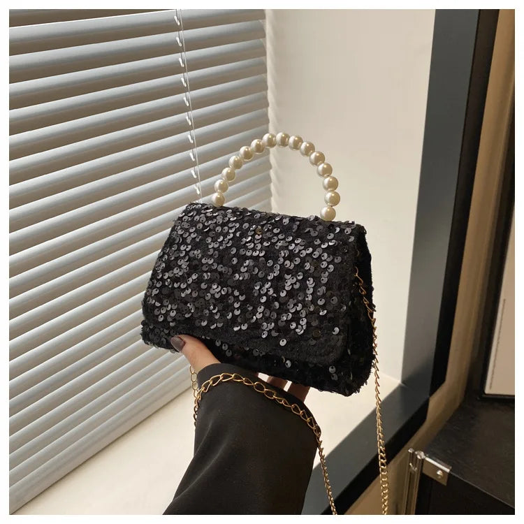2025 Fashion Hot Selling Pu Bags Chain Designer Women's Bag Shoulder Cross-body Sequins Pearl Handbag Ladies Luxury Evening Bag