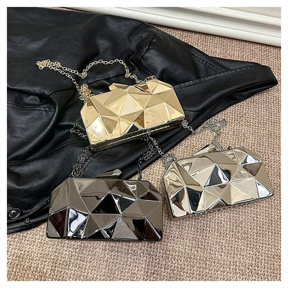 New Fashion Ladies Designer Bags Irregular Rhombus & Square Pattern Metal Chain Clutch Shoulder Bag