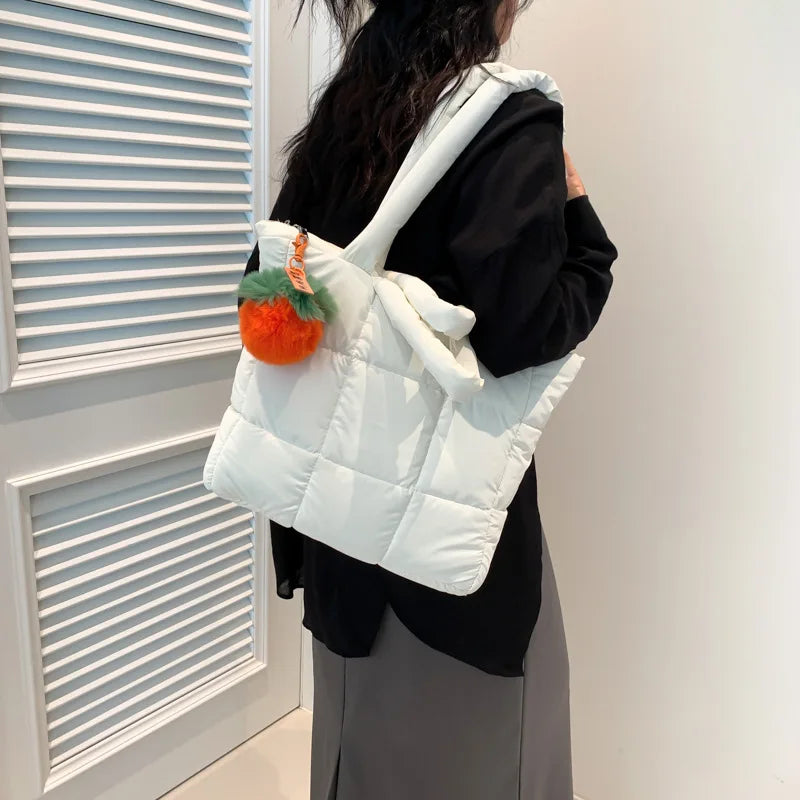 Fashion Down Women's Large Capacity Tote Bag  Nylon Designer Zipper Handbag for Outdoor Square Grid Handbag Shoulder Bag