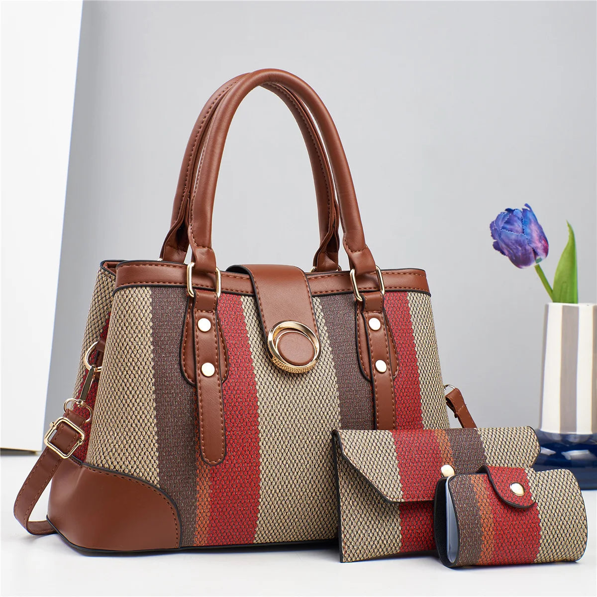 High Aesthetic Three-Piece Set New Tote Bags Large Capacity PU Plaid Pattern Crossbody Bags Elegant Fashion Bags for Women