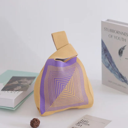 Women's Knitted Bucket Tote Bag Custom Logo Open Closure Woven Souvenir Vest Polyester Lining Simple Design for Everyday Use