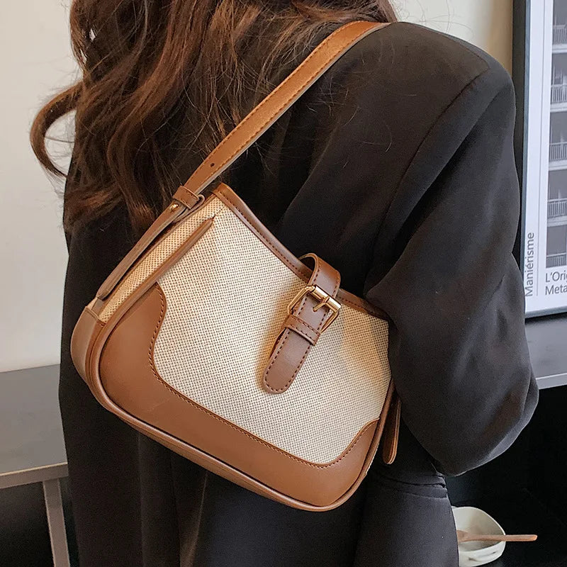 New High Quality Stylish Shoulder Bag Women Creative Pu Stitching Canvas Handbags for Women Hand Bags Ladies