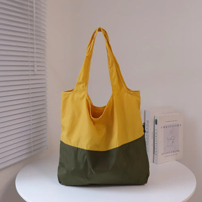 Two-Color Splicing Letter Large Capacity Portable Polyester Folding Satchel Waterproof Shoulder Bag Environmentally Friendly