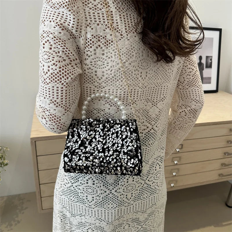 2025 Fashion Hot Selling Pu Bags Chain Designer Women's Bag Shoulder Cross-body Sequins Pearl Handbag Ladies Luxury Evening Bag