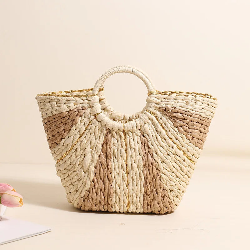 Golden Silk Hand-held Straw Fashion Lady Bag New Large-capacity Tote Basket Open Paper Bag Lock Open Women Bags Designer