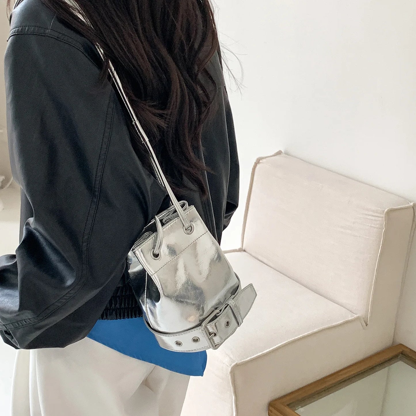 2025 Autumn Casual Drawstring Ruffles Cylinder Shoulder Bags High Quality Waterproof Handbags Mini Crossbody Bags for Women