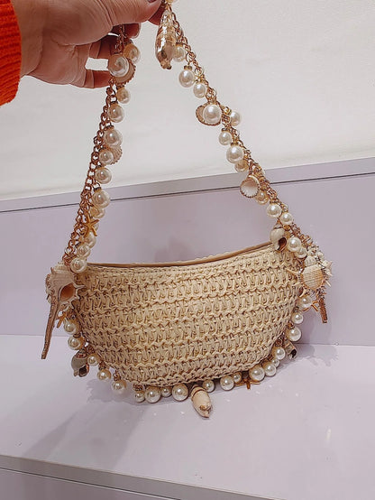 2025 Fashion Spring and Summer Pearl Conch Straw Braided Handbag New Woven Bag with Pu Material
