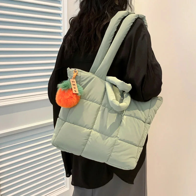 Fashion Down Women's Large Capacity Tote Bag  Nylon Designer Zipper Handbag for Outdoor Square Grid Handbag Shoulder Bag