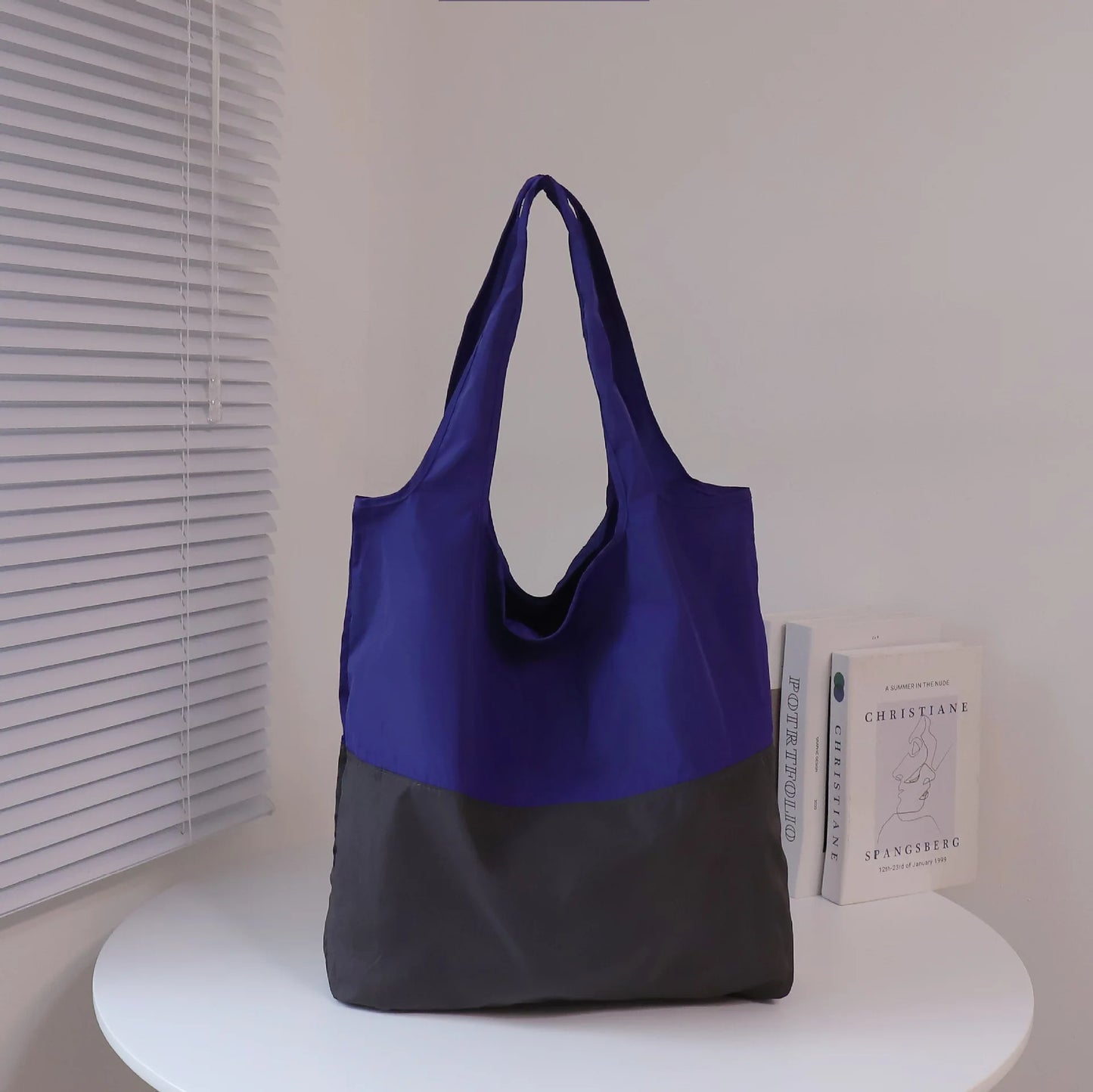 Two-Color Splicing Letter Large Capacity Portable Polyester Folding Satchel Waterproof Shoulder Bag Environmentally Friendly