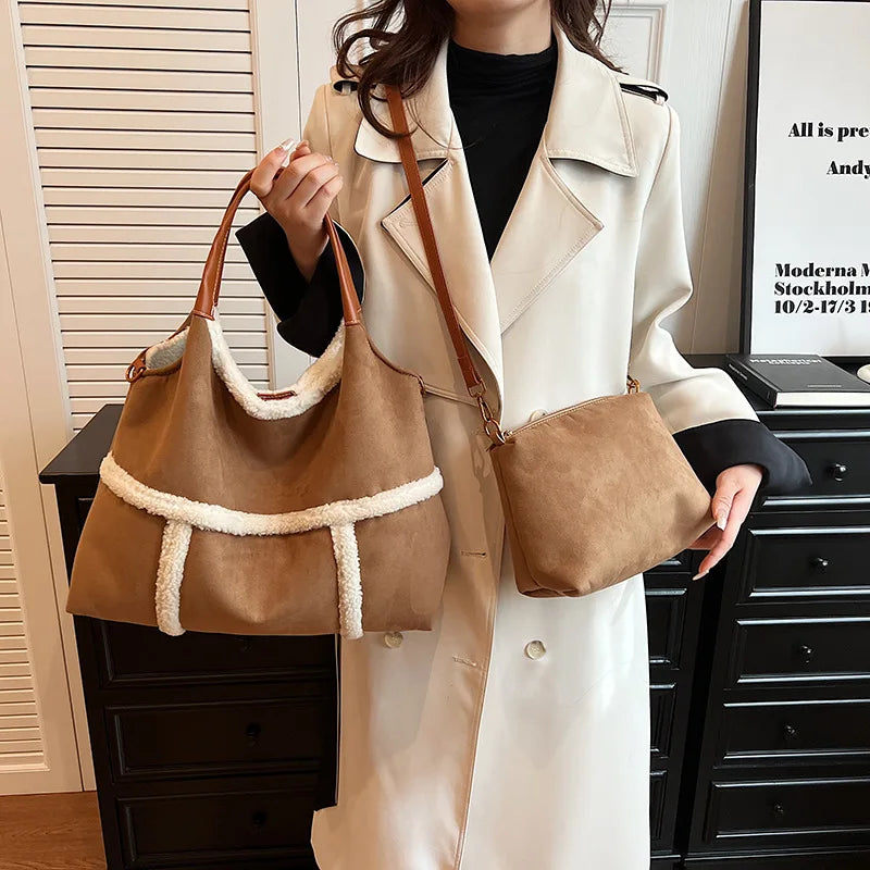 Bag 2024 Fall and Winter New Suede Women's Handbag Large Capacity Splicing Tote Shoulder Bag Retro Plush Two-Piece Crossbody Bag