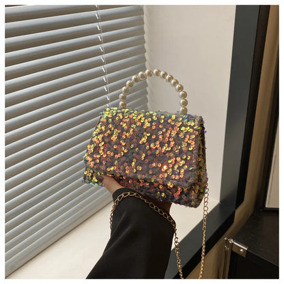 2025 Fashion Hot Selling Pu Bags Chain Designer Women's Bag Shoulder Cross-body Sequins Pearl Handbag Ladies Luxury Evening Bag