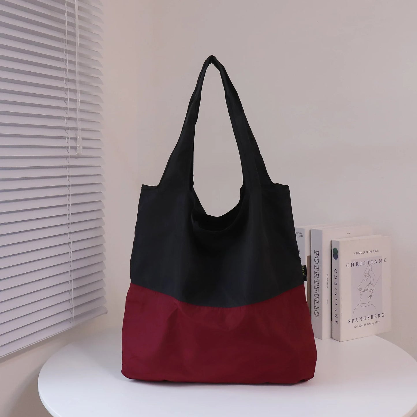 Two-Color Splicing Letter Large Capacity Portable Polyester Folding Satchel Waterproof Shoulder Bag Environmentally Friendly