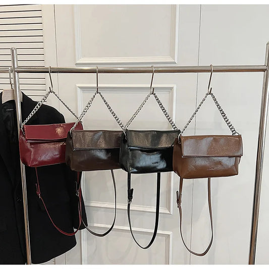 Premium Sense of Bag Female 2024 New Oil Waxed Leather Chain Crossbody Bag Fashion Korean Version of the Casual Shoulder Bag