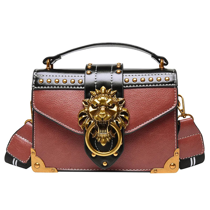 Women's Retro Lion Head Rivet Crossbody Shoulder Bag Portable Fashion Polyester Lining Open Closure Type