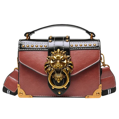 Women's Retro Lion Head Rivet Crossbody Shoulder Bag Portable Fashion Polyester Lining Open Closure Type