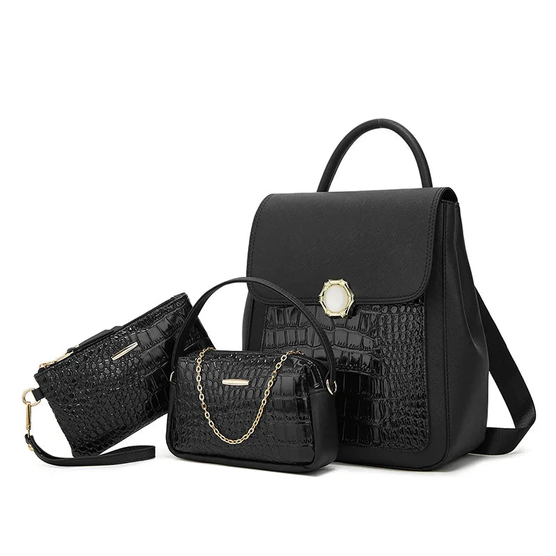 Three Piece Set Crocodile Grain PU Backpack Classic and Versatile Pure Color Handbags Elegant Fashion Bags for Women