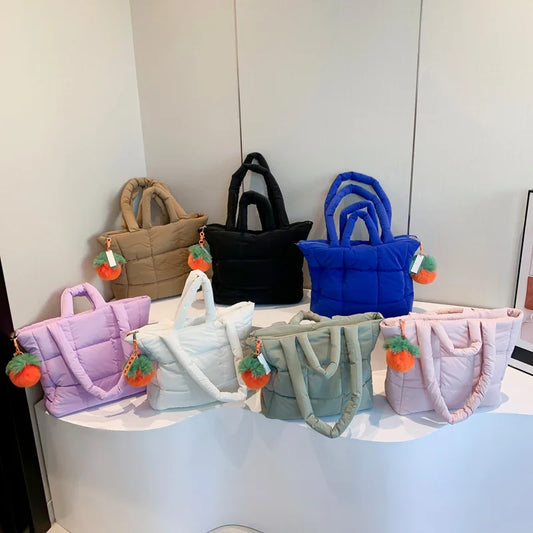 Fashion Down Women's Large Capacity Tote Bag  Nylon Designer Zipper Handbag for Outdoor Square Grid Handbag Shoulder Bag