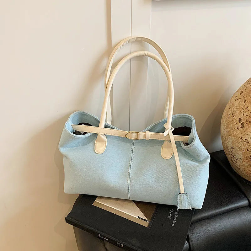 2025 Crossbody Bag Luxury Fashion Large Capacity Denim Bowling Bag Single Shoulder Underarm Color-Blocking Tote Polyester Zipper