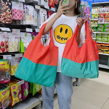 Two-Color Splicing Letter Large Capacity Portable Polyester Folding Satchel Waterproof Shoulder Bag Environmentally Friendly