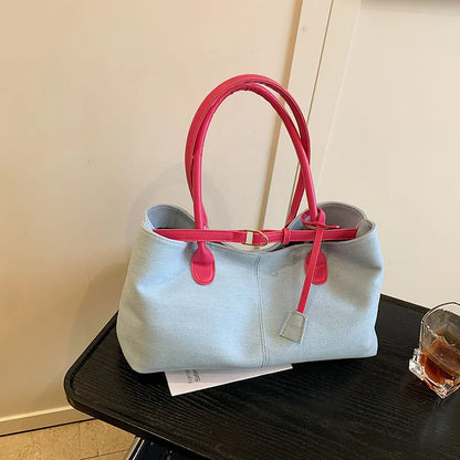 2025 Crossbody Bag Luxury Fashion Large Capacity Denim Bowling Bag Single Shoulder Underarm Color-Blocking Tote Polyester Zipper