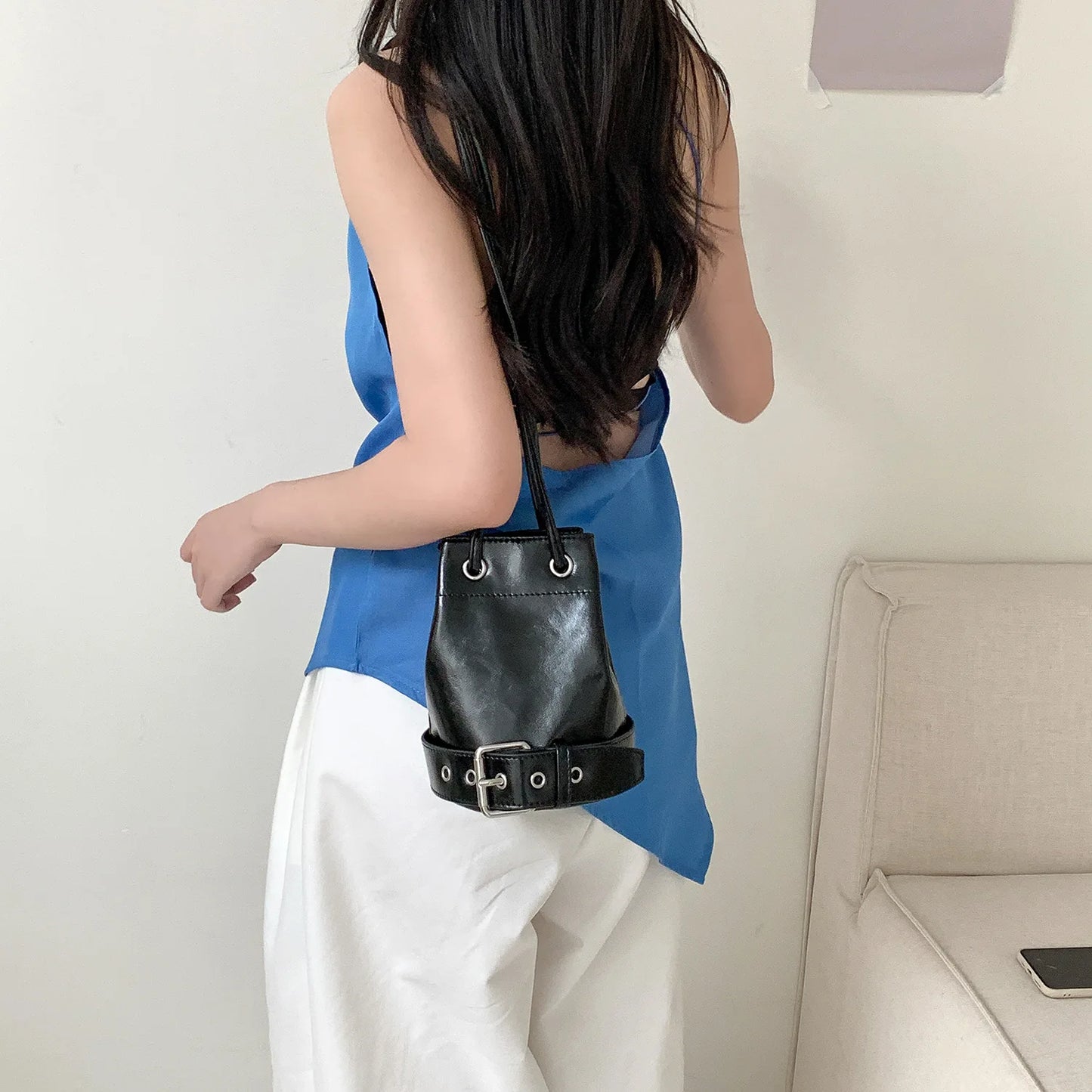 2025 Autumn Casual Drawstring Ruffles Cylinder Shoulder Bags High Quality Waterproof Handbags Mini Crossbody Bags for Women