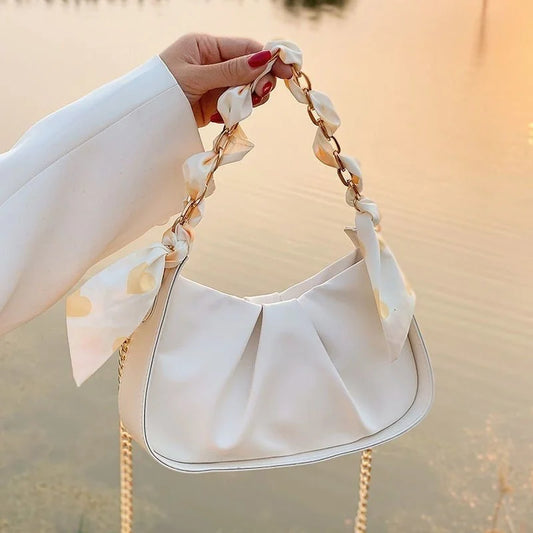 Women's High-End Summer Cross Bags Super Popular Luxury Pleated Cloud Polyester Leather White Chain Zipper New Trendy Design