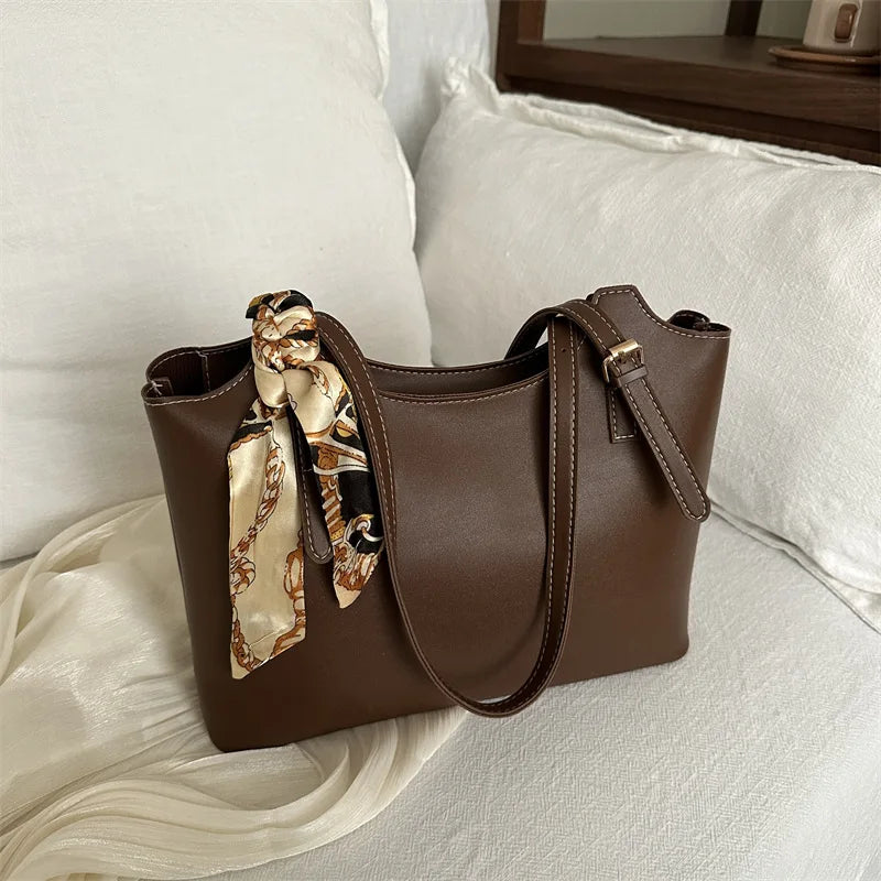 2025 Spring New High-End Retro Style Ins Tote Bag Zipper Cross Polyester Handbag with Silk Scarf Versatile Handbags for Women