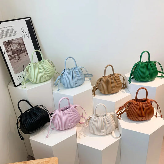 Explosive Trend Pleated Hand Bags Ladies 2024 New Fashion Senior Shoulder Bags Simple Pure Color Bucket Cross-body Women's Bag