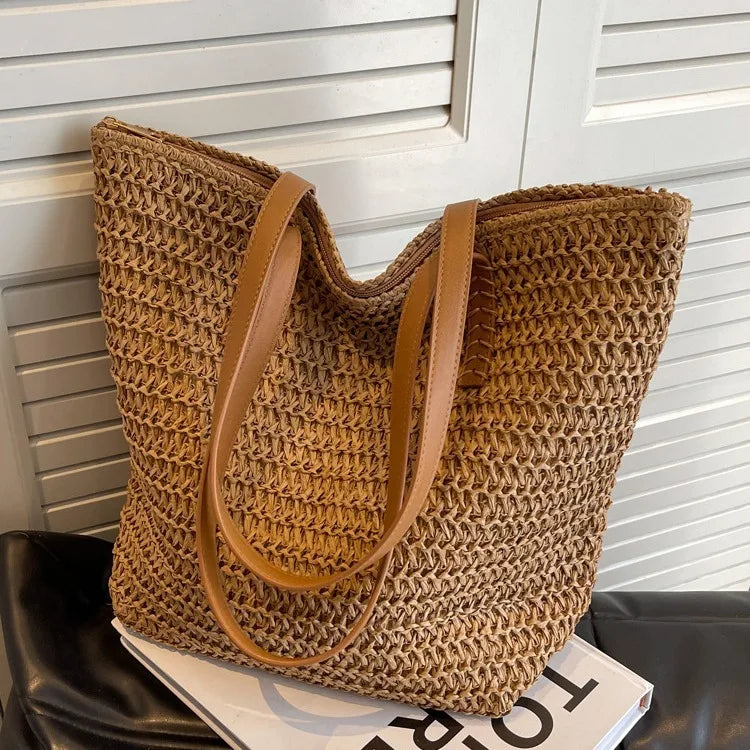 2025 Hot Selling Summer Vacation Woven Bag Girls Casual Ins Large Capacity Handbag Shoulder Print Tote Bag