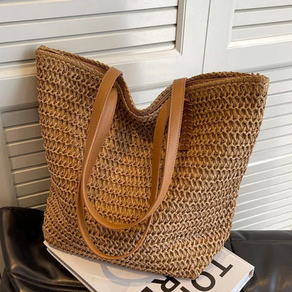 2025 Hot Selling Summer Vacation Woven Bag Girls Casual Ins Large Capacity Handbag Shoulder Print Tote Bag