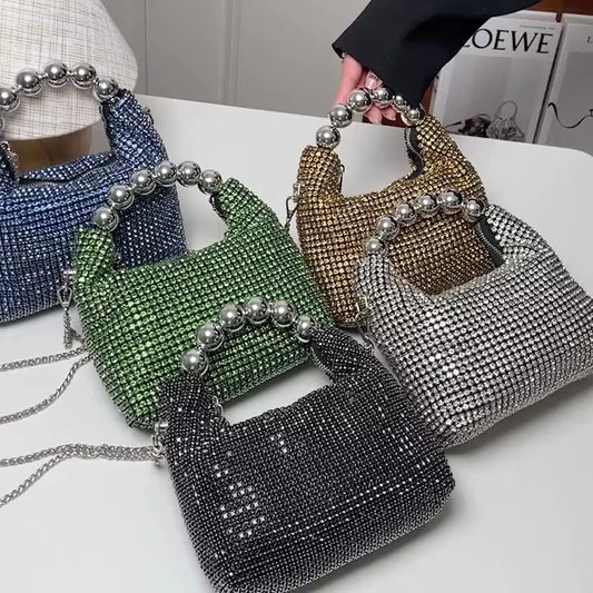 Fashion Single-shoulder Diamond Evening Bag with Pearl Handbags for Women Luxury Designer Bolsas Para Mulheres Zipper Polyester