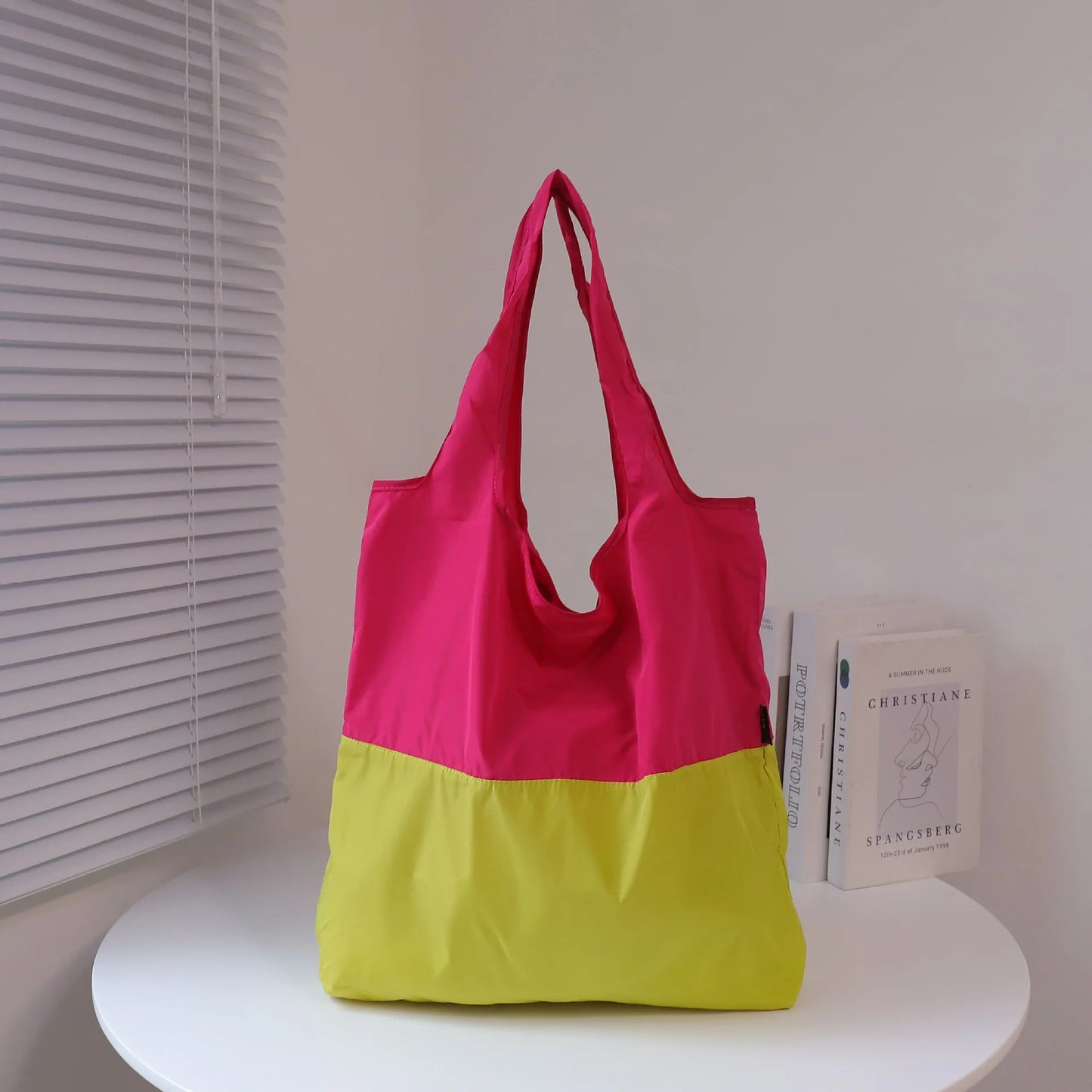 Two-Color Splicing Letter Large Capacity Portable Polyester Folding Satchel Waterproof Shoulder Bag Environmentally Friendly