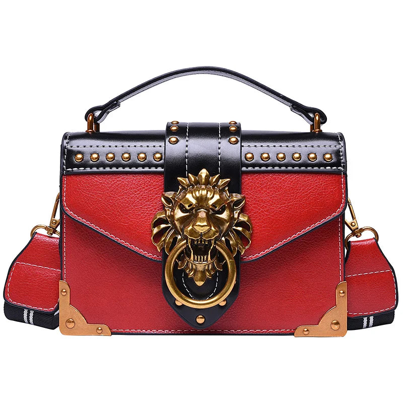 Women's Retro Lion Head Rivet Crossbody Shoulder Bag Portable Fashion Polyester Lining Open Closure Type