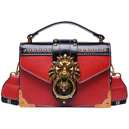 Women's Retro Lion Head Rivet Crossbody Shoulder Bag Portable Fashion Polyester Lining Open Closure Type