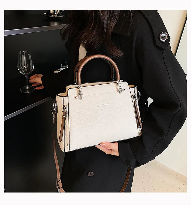 2024 New Fashion Color Collision Cross-body Bag Simple Retro Style Bag for Women Double Zipper Handheld Womens Leather Tote Bag