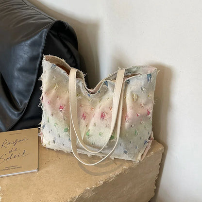 Women's Large Capacity Simple Beautiful Rainbow Geometric Design Crossbody Shopping Shoulder Bag Zip Closure Fashion Style