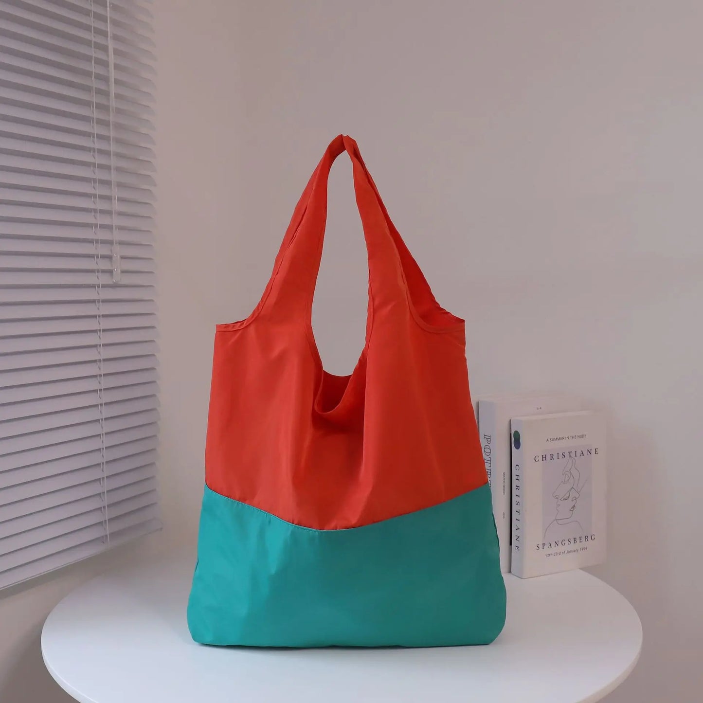 Two-Color Splicing Letter Large Capacity Portable Polyester Folding Satchel Waterproof Shoulder Bag Environmentally Friendly