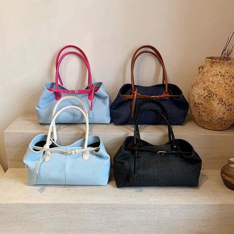 2025 Crossbody Bag Luxury Fashion Large Capacity Denim Bowling Bag Single Shoulder Underarm Color-Blocking Tote Polyester Zipper