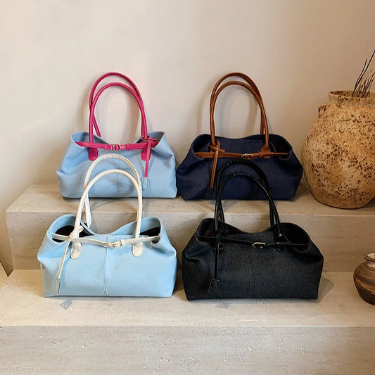 2025 Crossbody Bag Luxury Fashion Large Capacity Denim Bowling Bag Single Shoulder Underarm Color-Blocking Tote Polyester Zipper