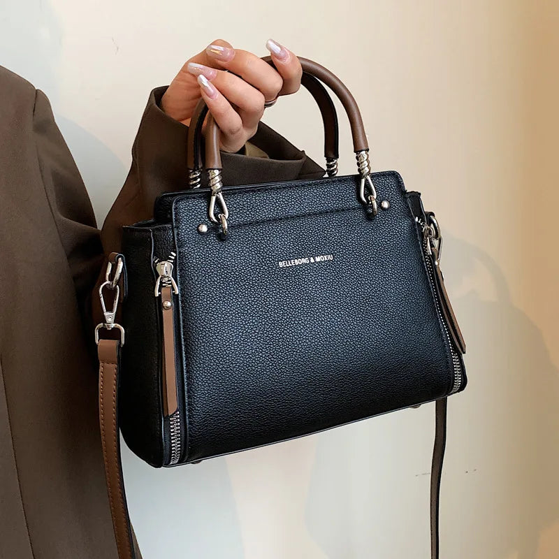 2024 New Fashion Color Collision Cross-body Bag Simple Retro Style Bag for Women Double Zipper Handheld Womens Leather Tote Bag