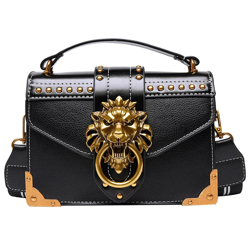 Women's Retro Lion Head Rivet Crossbody Shoulder Bag Portable Fashion Polyester Lining Open Closure Type