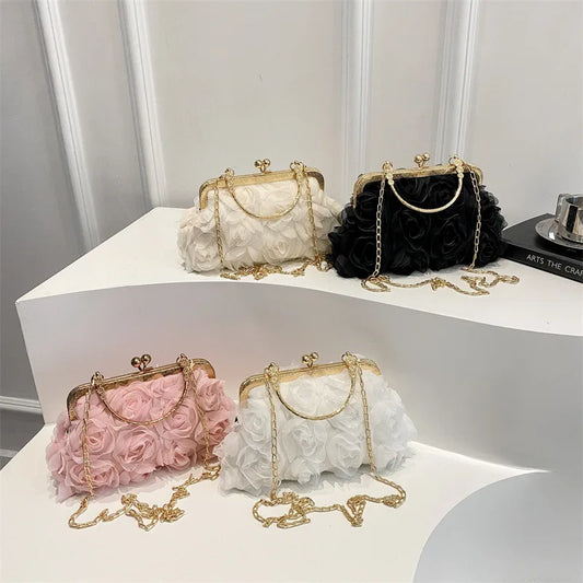 2025 Elegant Handbag Ladies Luxury New Design Lady's Evening Bags With Lock Luxury Purses Chain Shoulder Rose Flower Clutch Bags