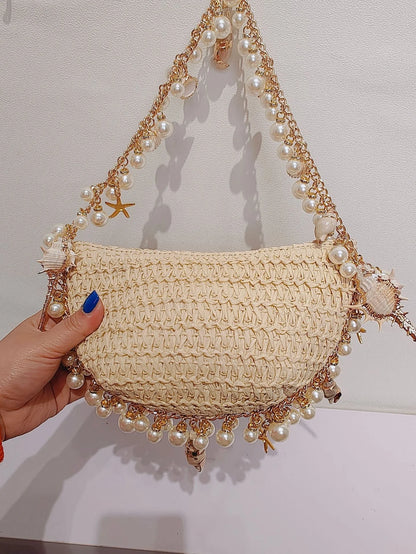 2025 Fashion Spring and Summer Pearl Conch Straw Braided Handbag New Woven Bag with Pu Material