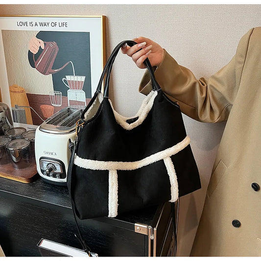 Bag 2024 Fall and Winter New Suede Women's Handbag Large Capacity Splicing Tote Shoulder Bag Retro Plush Two-Piece Crossbody Bag