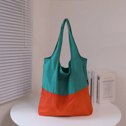 Two-Color Splicing Letter Large Capacity Portable Polyester Folding Satchel Waterproof Shoulder Bag Environmentally Friendly