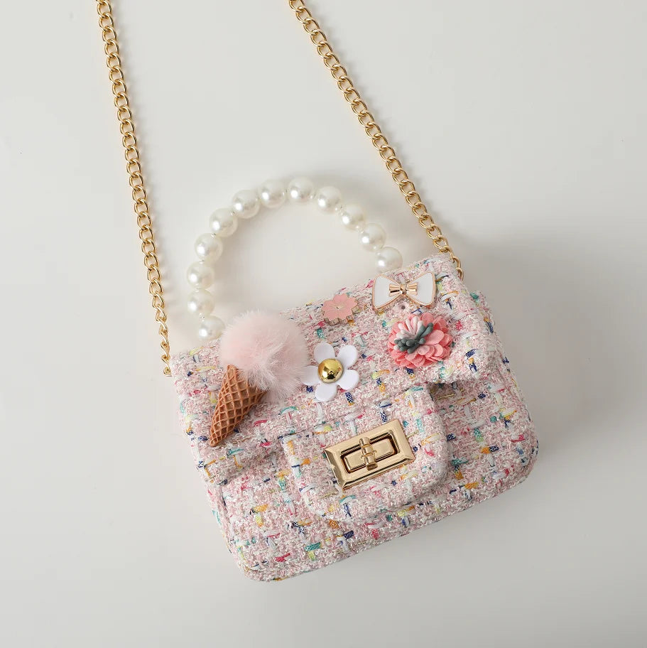 Well-Designed Princess Cute Baby Fashion Pearl Handbag Fashionable Kids Girls Mini Storage Bag Polyester PU Zipper Handbag