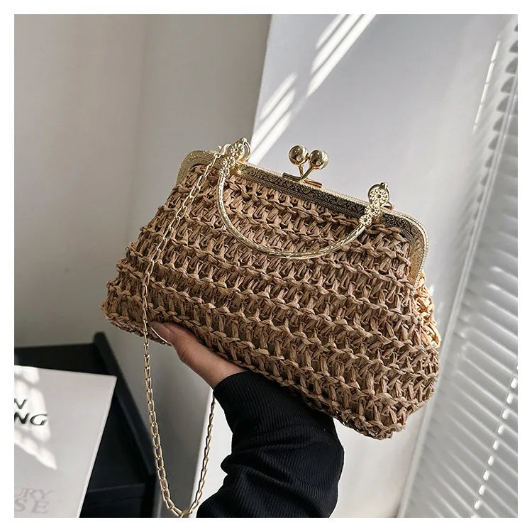 2025 Simple and Fashionable Shell Shoulder Handbag Straw Handbag Design Summer Woven Bohemian Evening Handbag for Women