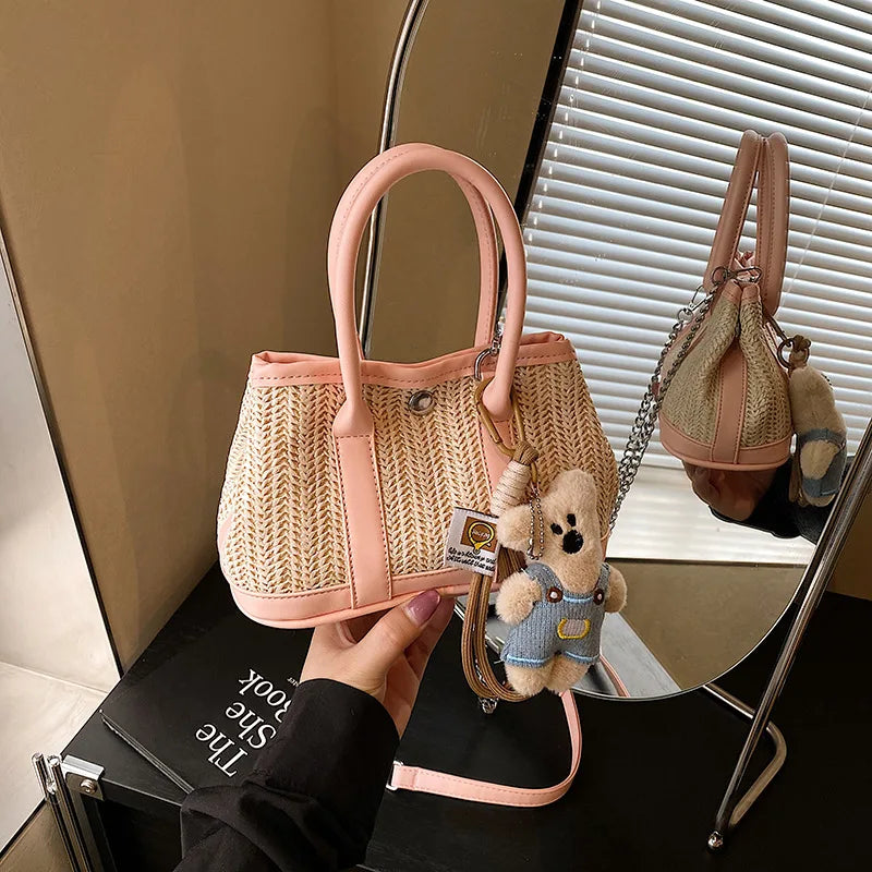 Casual Contrast Color Fashon Lady Straw Handbag for Women Versatile Work Shoulder PU Messenger Bag  Women Bags Designer